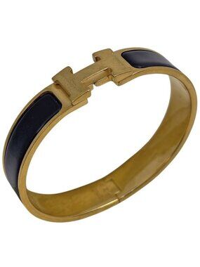 Hermes Clic Enamel Bracelet Clac Bangle Gold Plated Black